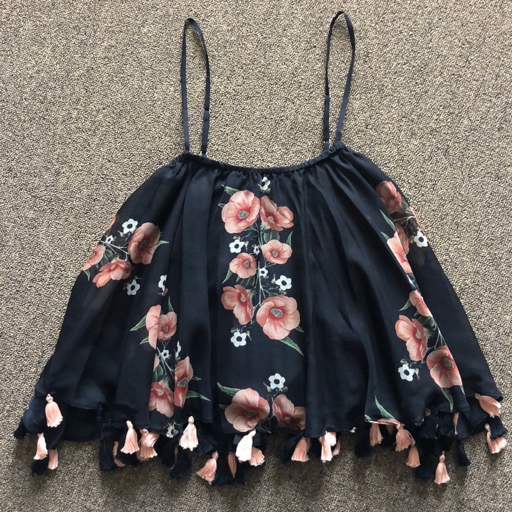 Anthropologie Floral Tassel Tank